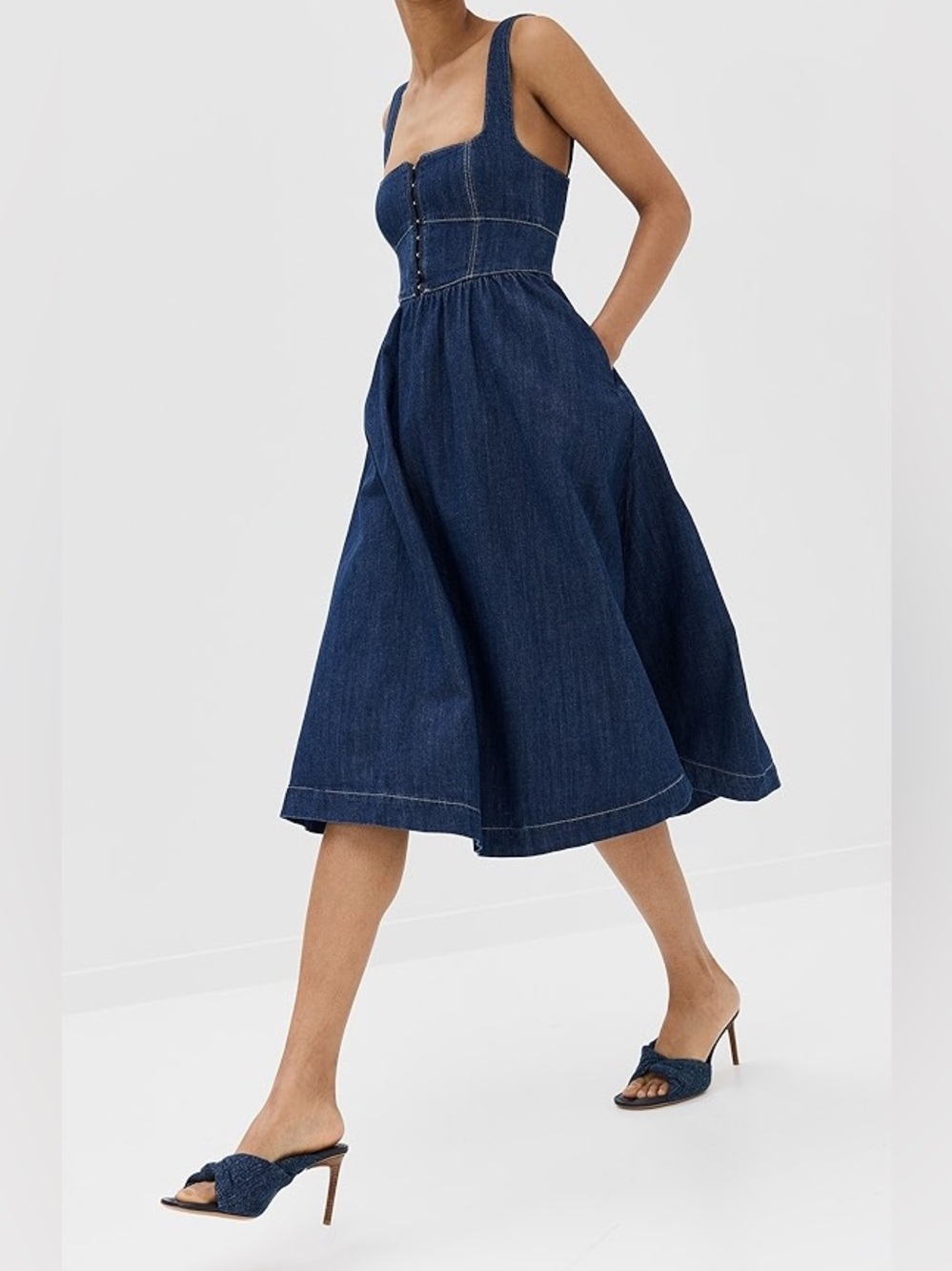 Reformation Tagliatelle Denim Midi Sleeveless Dress - Picture 2 of 8